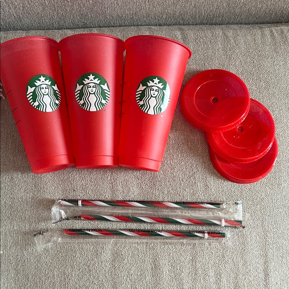 Starbucks Vibrant Red Tumbler Set with Lids and Straws NEW